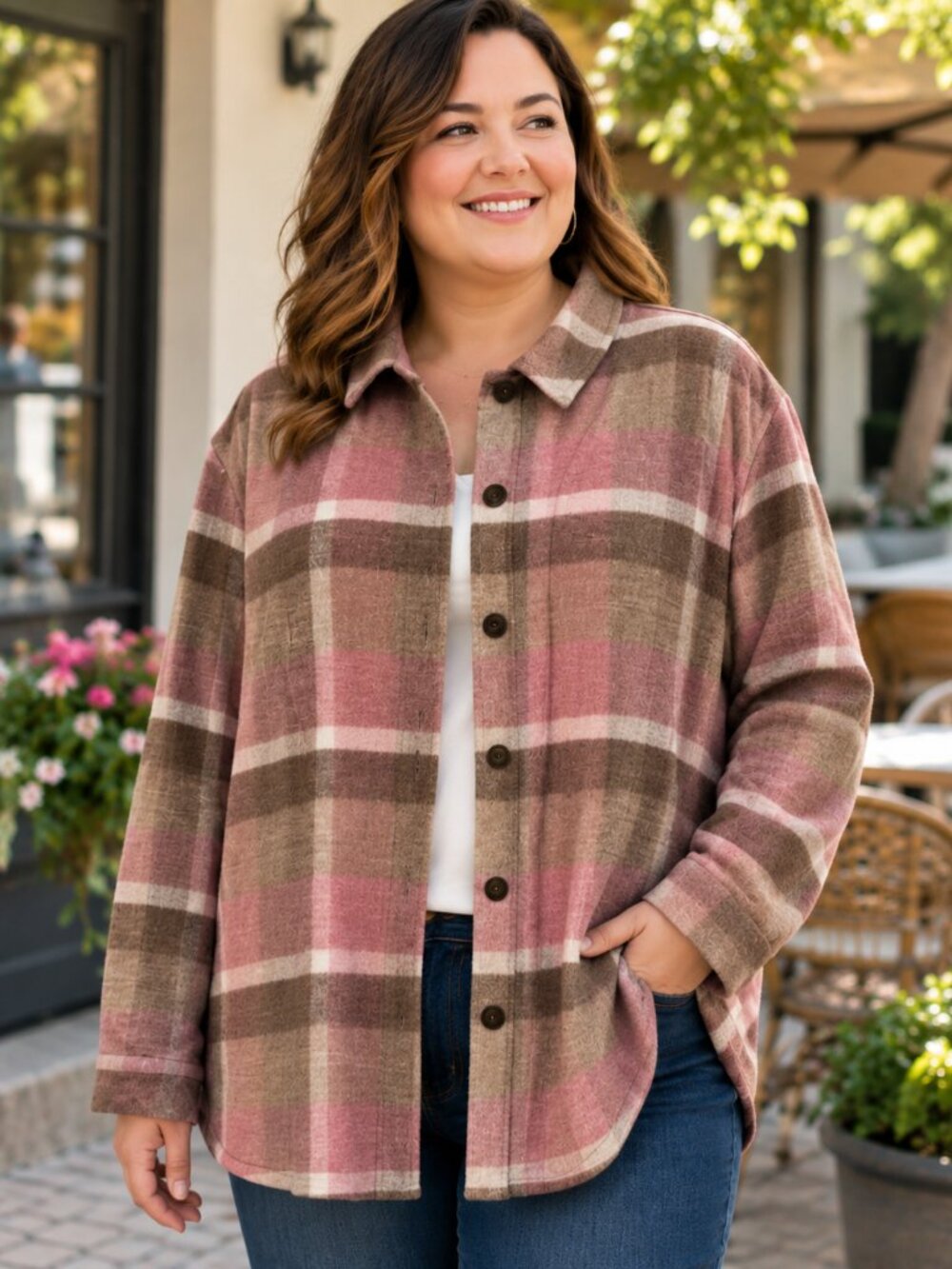 Allison Daley Women's Size 16 Plaid Shacket Button Front Shirt Jacket Pink Brown